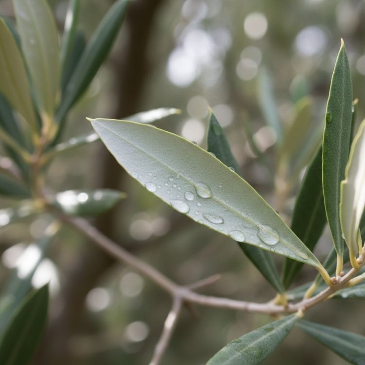Detalle de hoja de olivo con gotas de agua tras un tratamiento de nutrición vegetal, representando los servicios agrícolas Jaén de precisión de Carmonagro.
